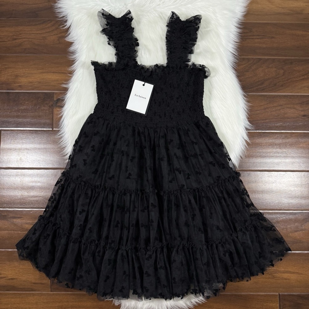 En Saison Women's Size Medium Black Embroidered Bows Casey Flutter Mini Dress
